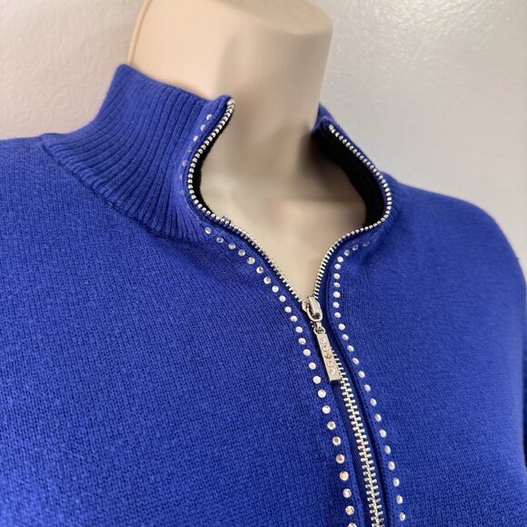 Weekends by Chico's Sweater 2 / L Blue Knit Gems Rhinestones 1/4 Zip Pullover - Picture 5 of 10